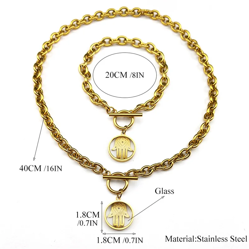 Hamsa Hand of Fatima Pendant Necklace Bracelet Set Women Men Stainless Steel Luck Amulet Chain Jewelry collar hombre