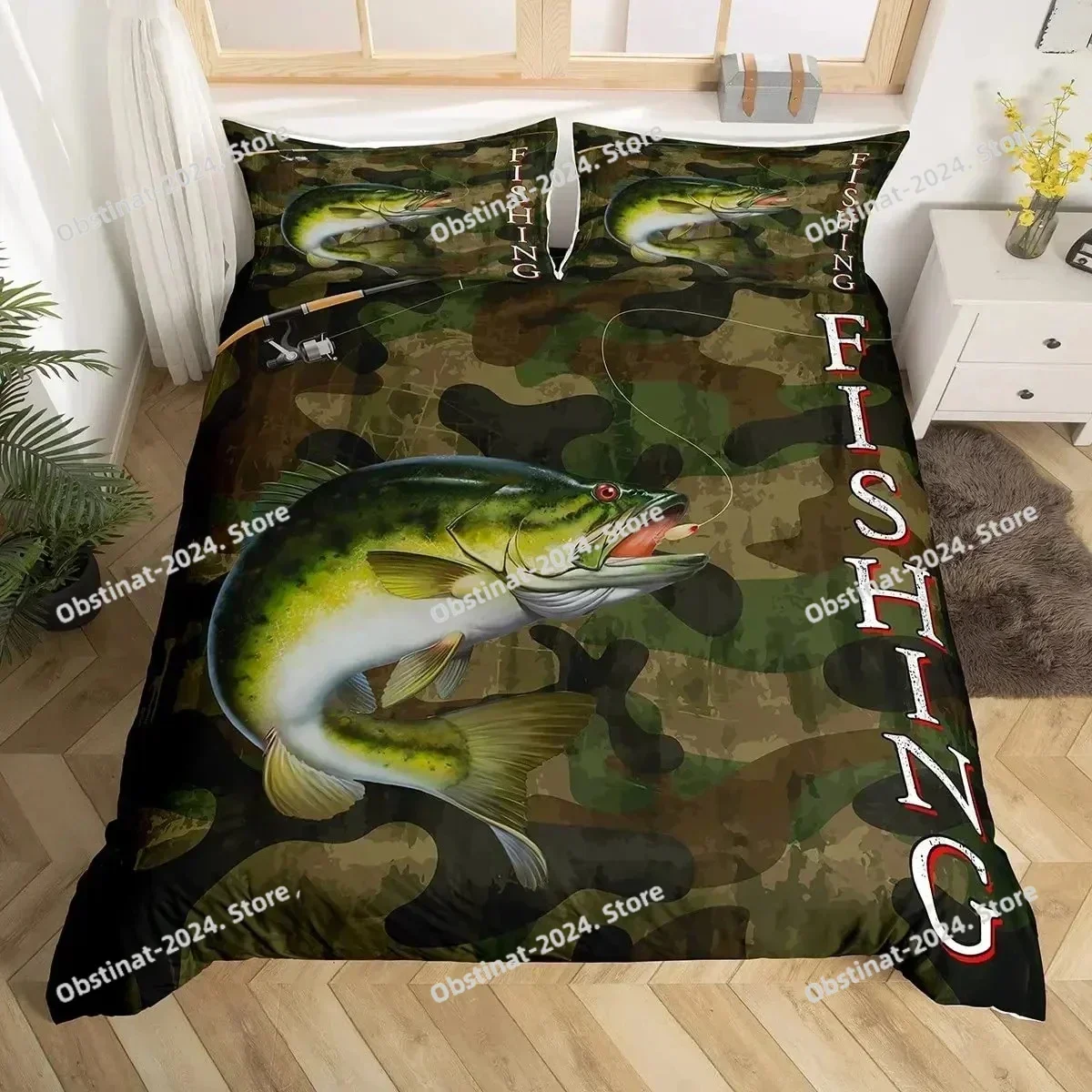 Top Pike Fish Bedding Striped Bass Big Pattern Hunting and Fishing Themed Duvet Cover Soft Boys Bed Room Decorations for Teens