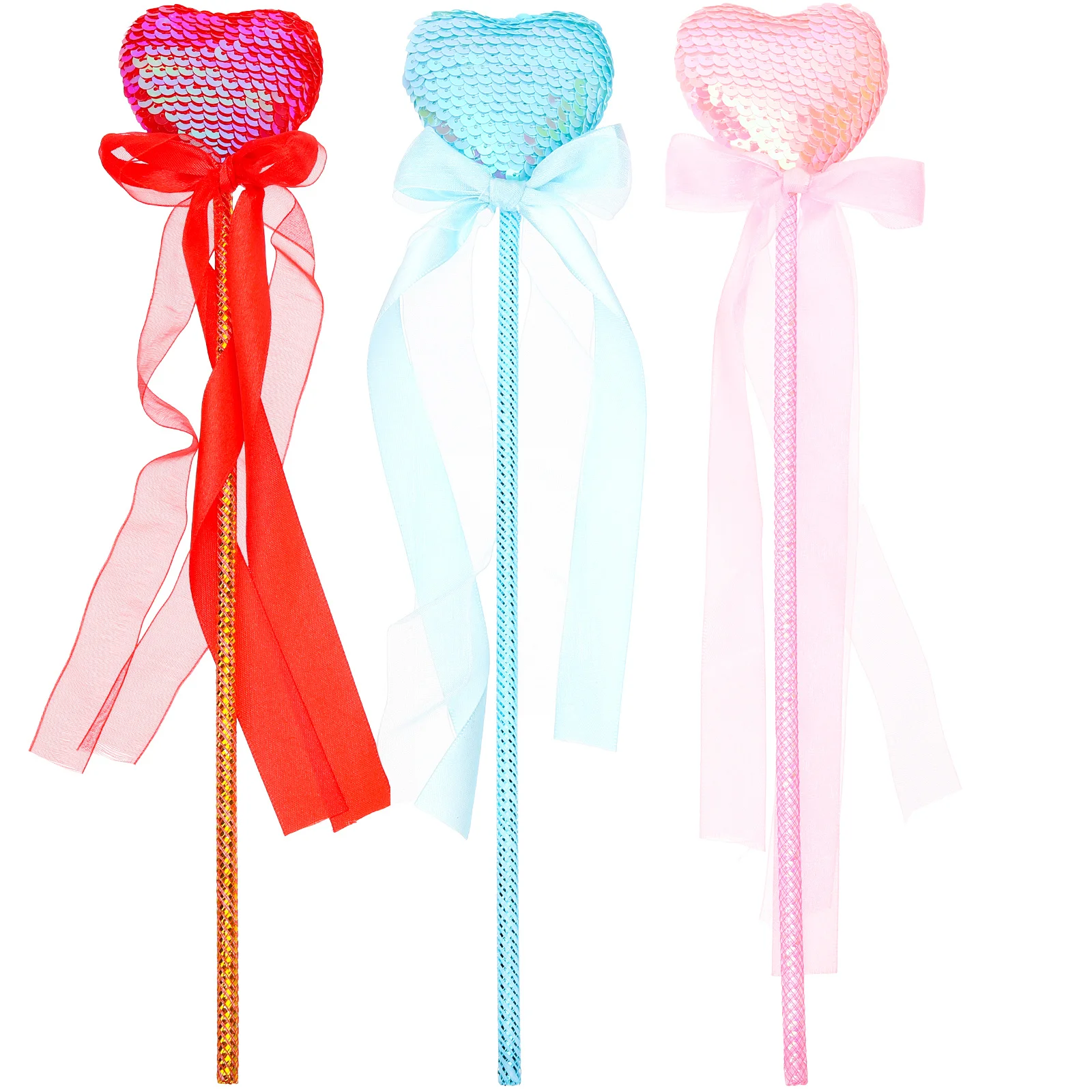 3Pcs Heart Shaped Fairy Wands Sequins Glitter Tassel Princess Dress Up Party Photo Props Kids Cosplay Red Heart Wand
