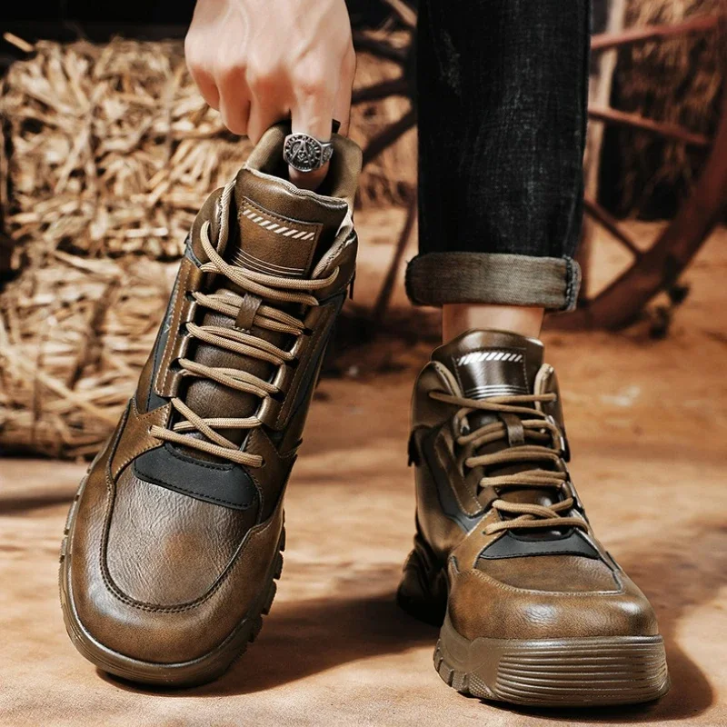 Mens High Top Sneakers Fashion Leather Casual Shoes Lace Up Ankle Boots Plush Warm Winter Shoes for Men Non Slip Hiking Footwear