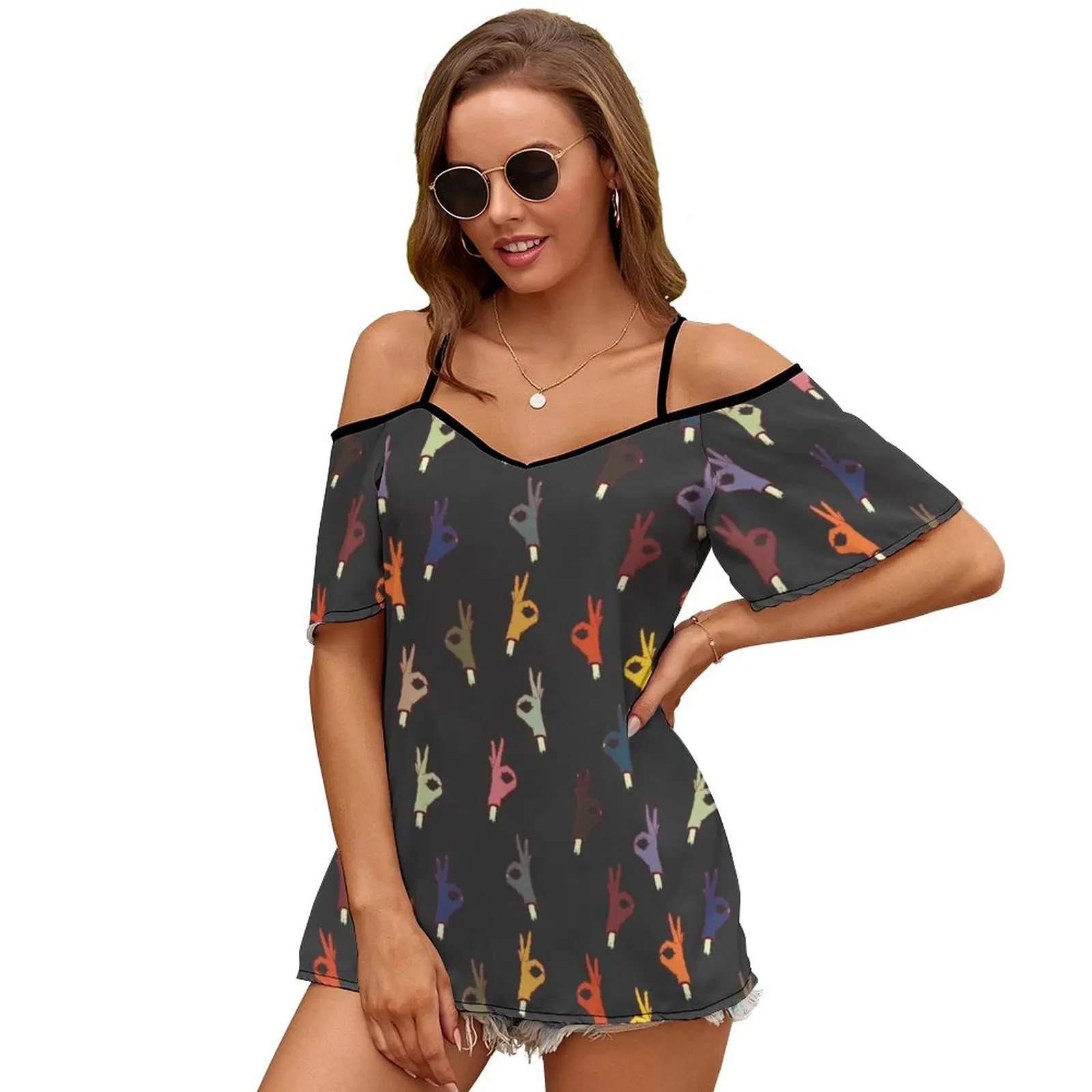 All Okay Handy Pattern Print O-Neck Off-The-Shoulder Top Short-Sleeved T-Shirt Ladies Streetwear Circle Game Okay Hand Fingers