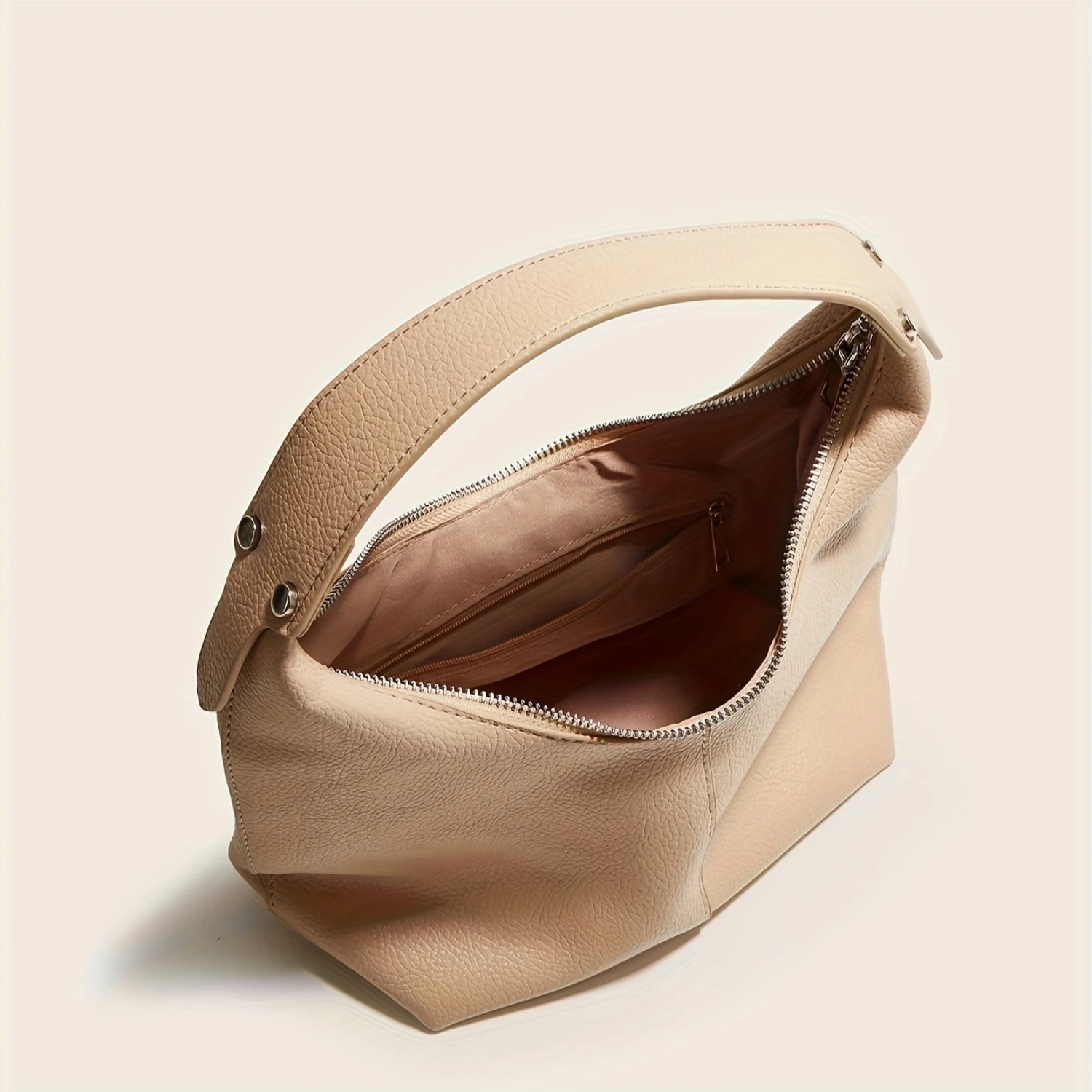 Solid Color Handbag- Minimalist Textured Zipper Armpit Bag