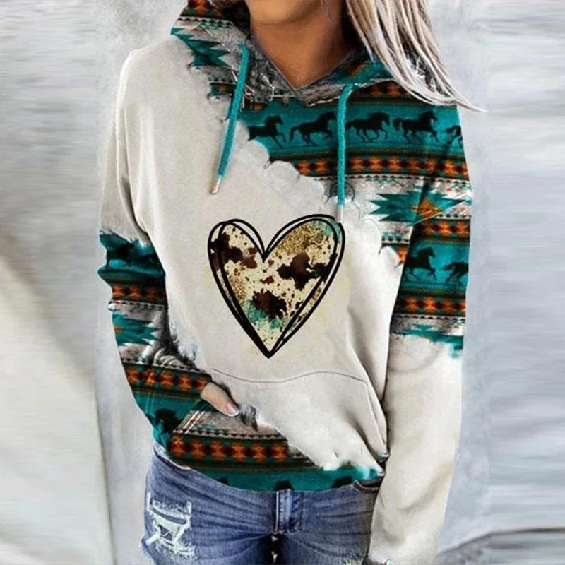 Women Vintage Cartoon Print Elegant Loose Pullover 2024 Autumn Casual Long Sleeve Tops Ladies Winter Hooded Kawaii Sweatshirt