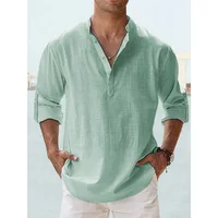 Nouvelles chemises en coton et lin pour hommes chemises décontractées légères à manches longues chemises de plage Henley t-shirts hawaïens pour hommes Streetwear 5
