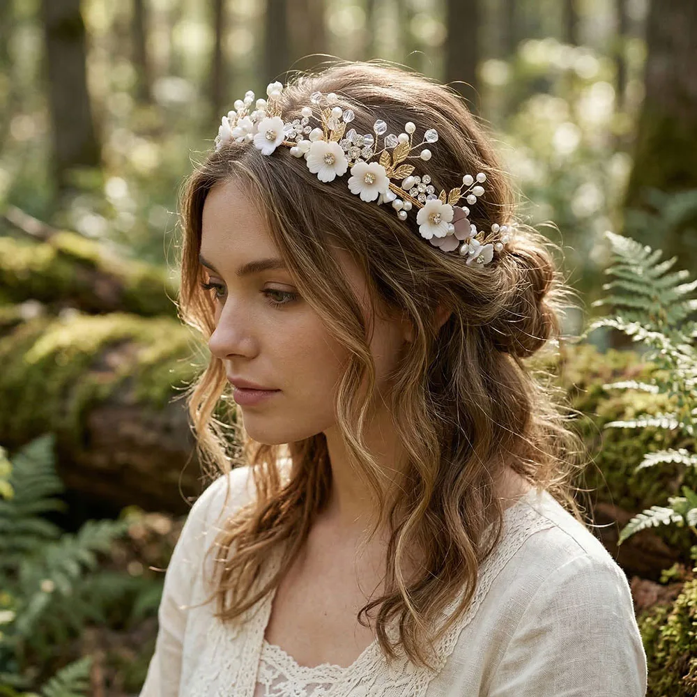 SLBRIDAL Handgefertigte Kristall-Strass-Perlen Blumen-Blatt Braut-Tiara Stirnband Hochzeitskrone Haaraccessoires Damen Mädchen Schmuck – Detail 2