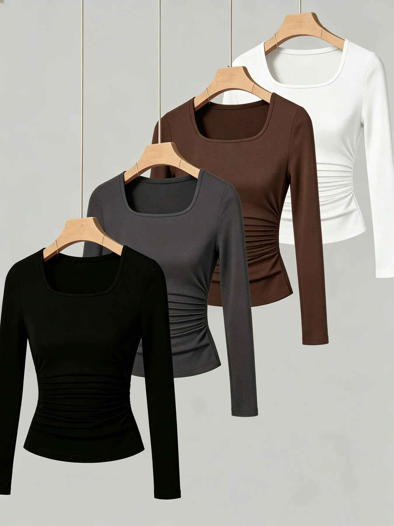 Women's 4-Piece Casual Comfortable Square Neck Waist Cinched Solid Color Long Sleeve T-Shirt Top Set