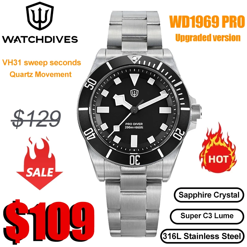 Watchdives WD1969 Pro 38mm Quartz Watch VH31 Sweep Seconds Movement 20Bar Waterproof BGW9 Blue Luminous Sapphire Glass Watches