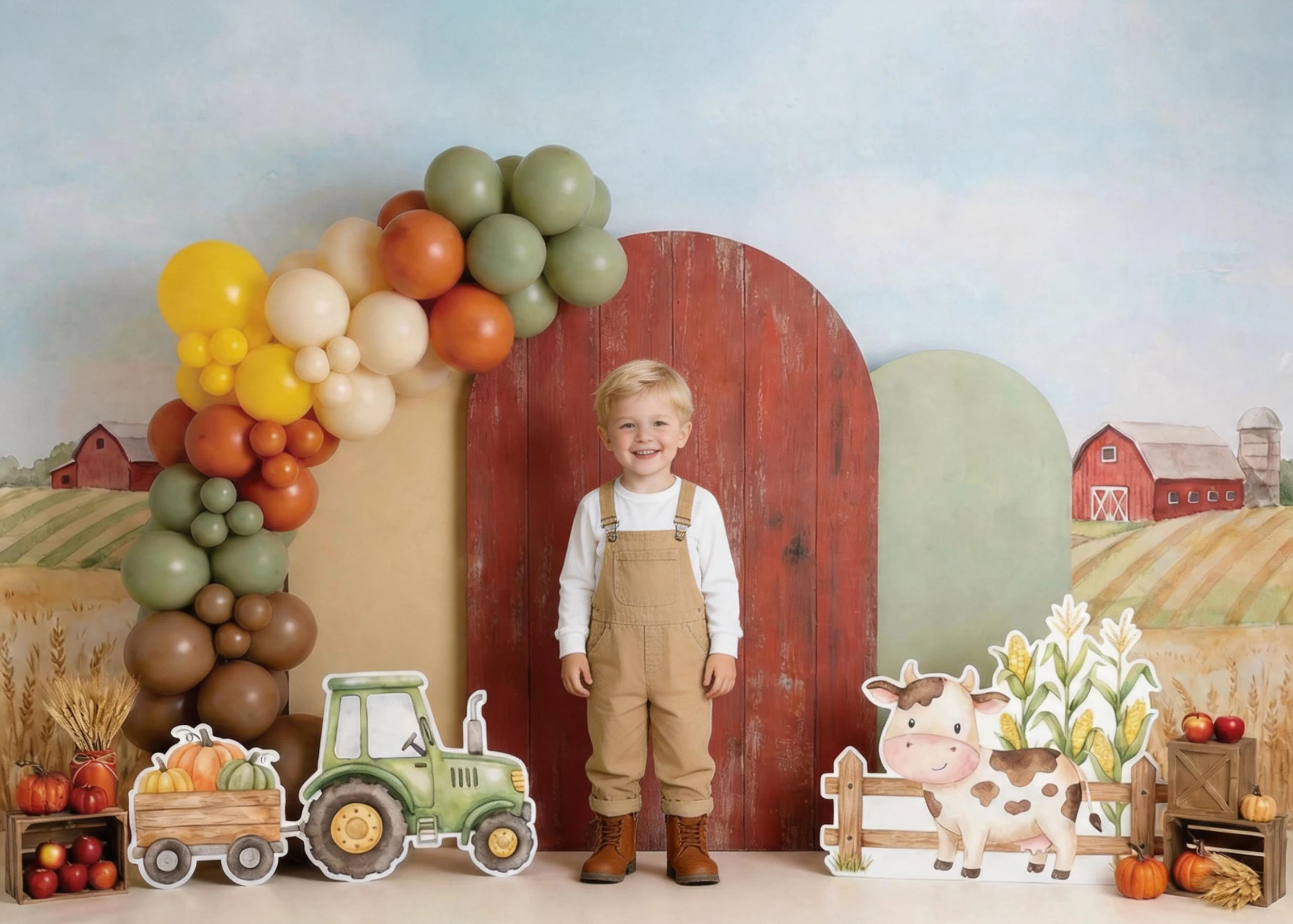 Farm Tractor Photography Backdrop Tractor Cow Pumpkin Apple Fall Harvest Balloon Garland Rustic Wood Door Decor Photo Background