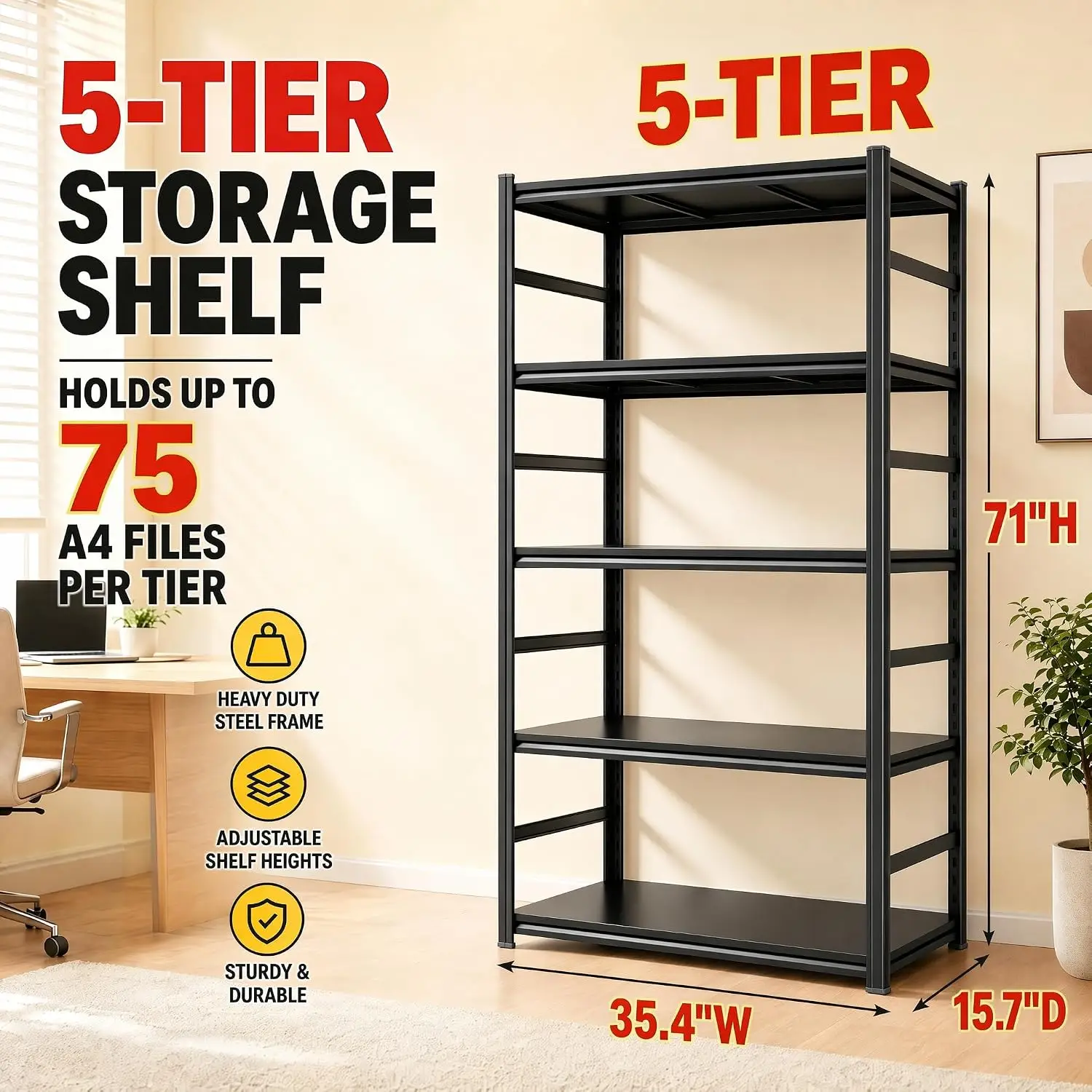 Heavy-Duty Bolt-Free Metal Bookshelf with Adjustable Shelves & Anti-Tip Anchors, 5-Tier Steel Storage Shelf Holds 150 lbs per Tier