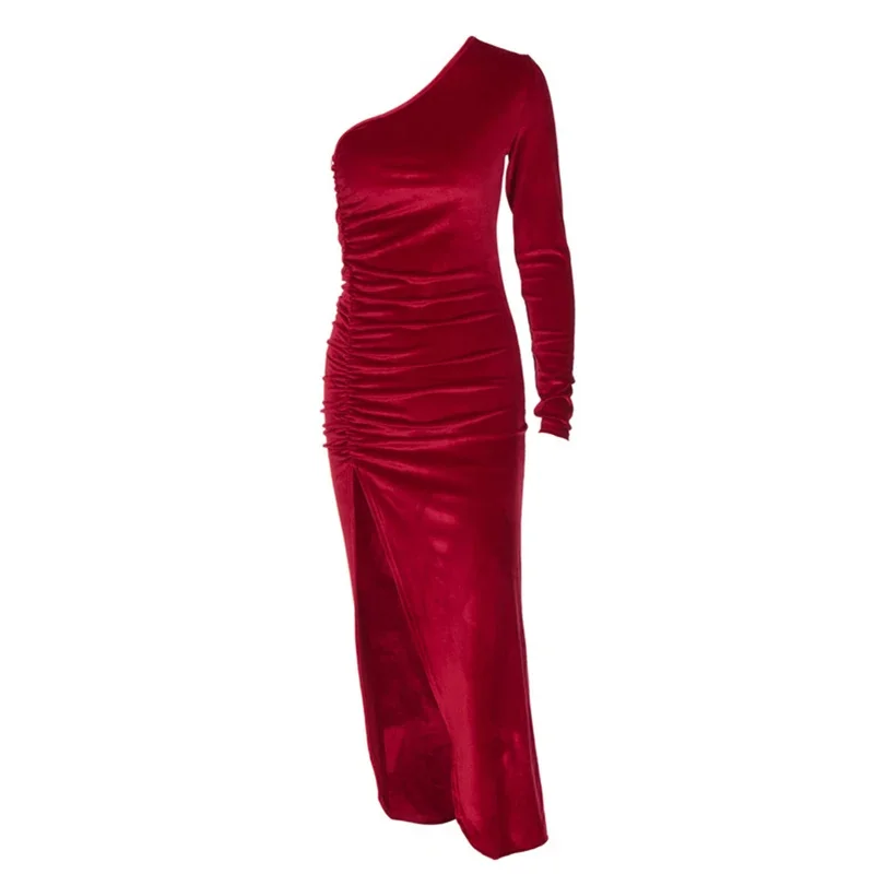 JINIA Women Elegant Long Sleeve Party Evening Velvet Bodycon Split Pencil Midi Dress Spring Autumn Clothes