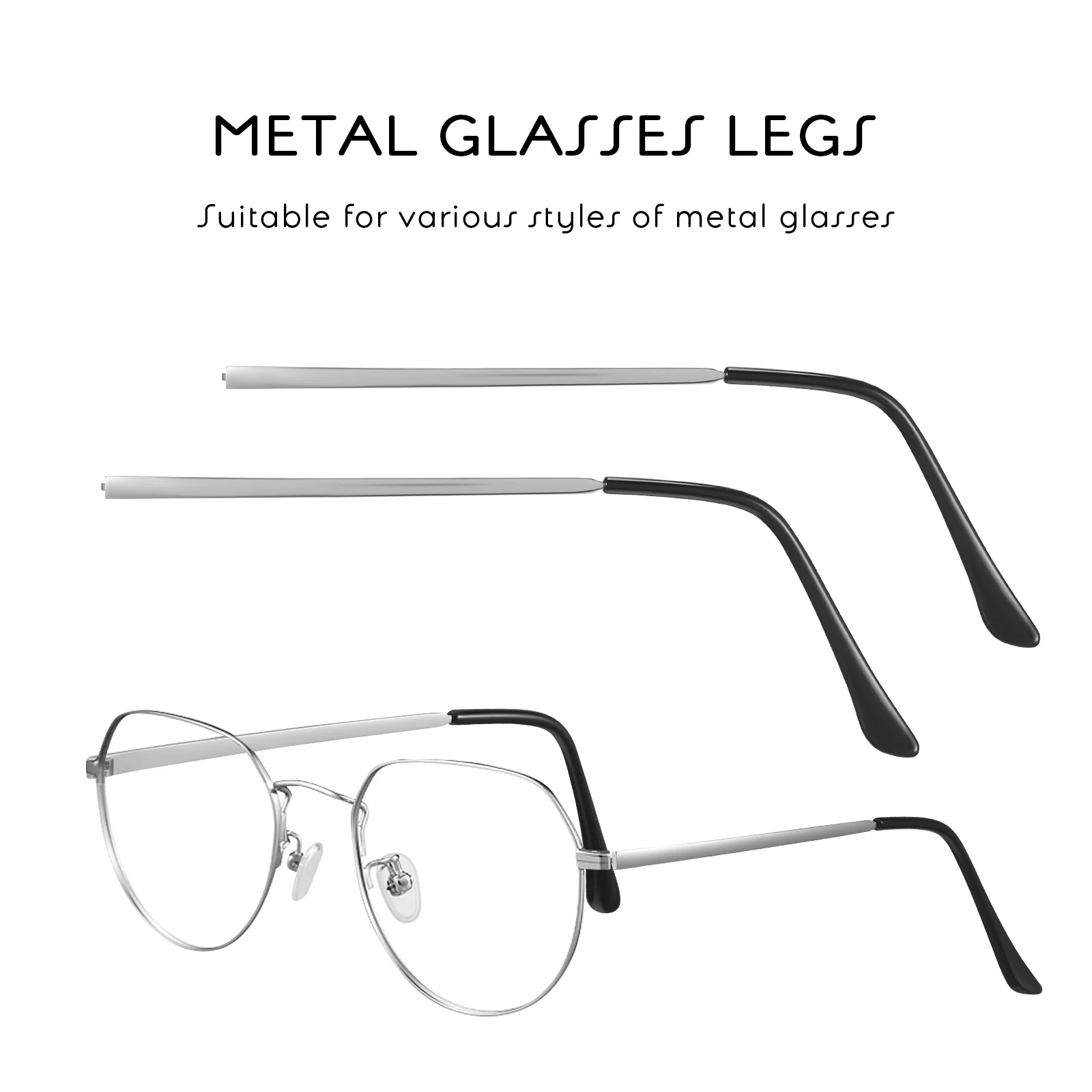 

2 Pairs Metal Glasses Legs Black Silver Electroplated Universal Replacement Temple Arms for Repair Accessories
