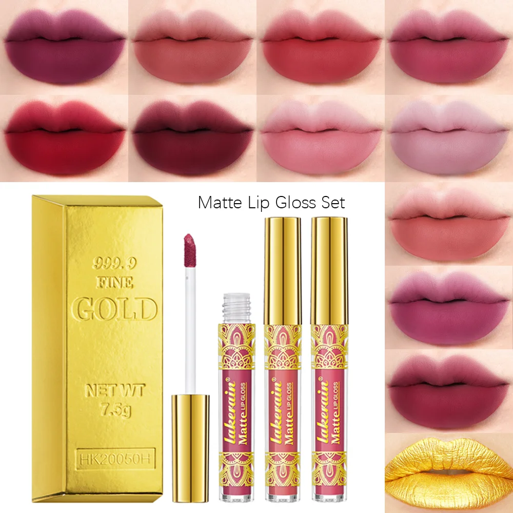 

Matte Lip Gloss Set Velvet Smooth Liquid Lipstick Long Lasting Waterproof Lip Tint Batom Nude Red Gold Lipgloss Mud 3colors/Set