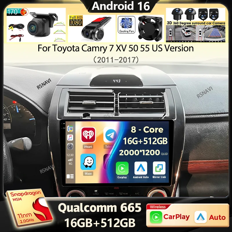 Android 16 Auto Carplay Autoradio für Toyota Camry 7 XV 50 55 US-Version 2011 - 2017 Multimedia-Player Stereo GPS DSP 2Din Audio
