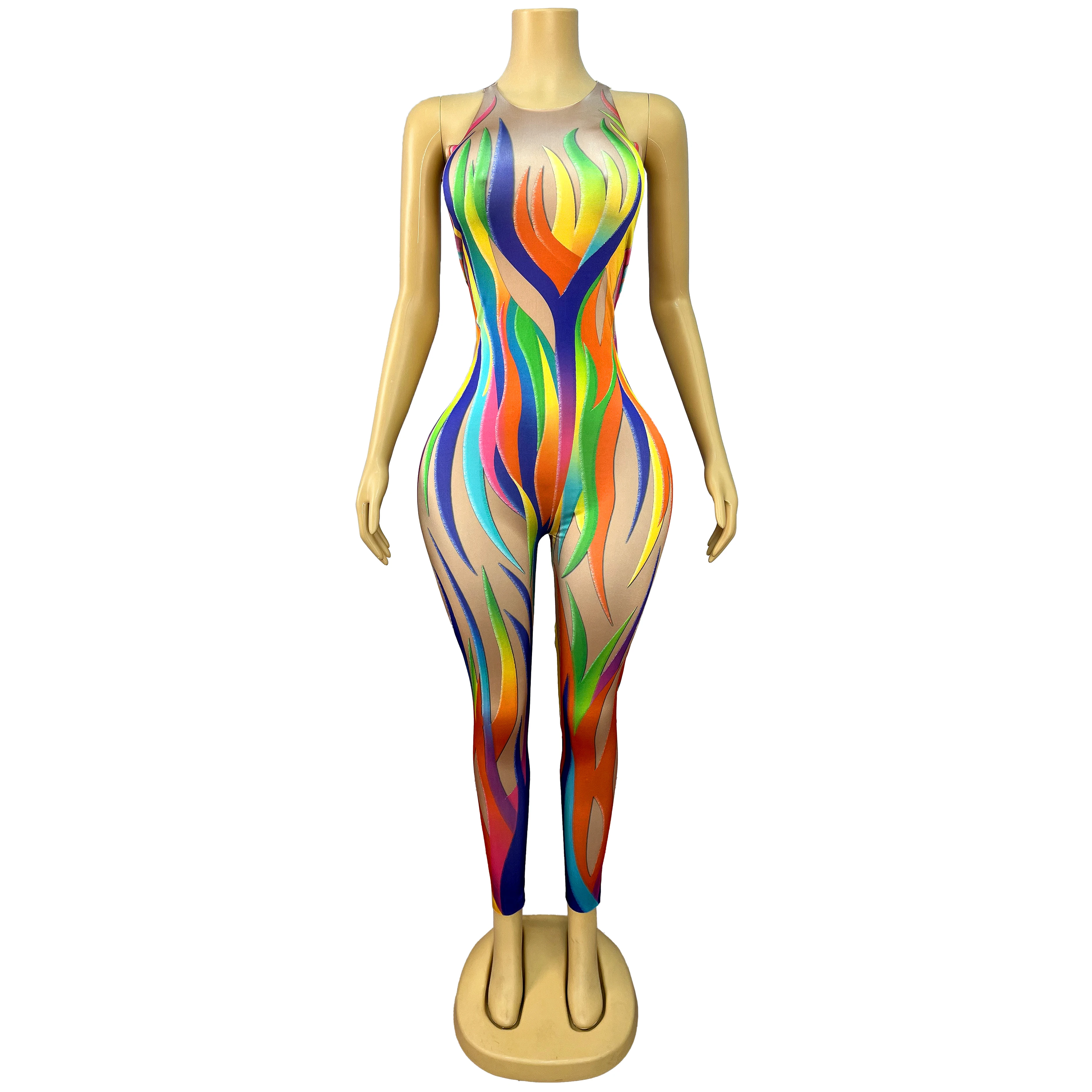2026 Special Designed Colorful Pattern Spandex Dance Jumpsuit Stretch Sleeveless Rompers Opera Stage Costume outfit