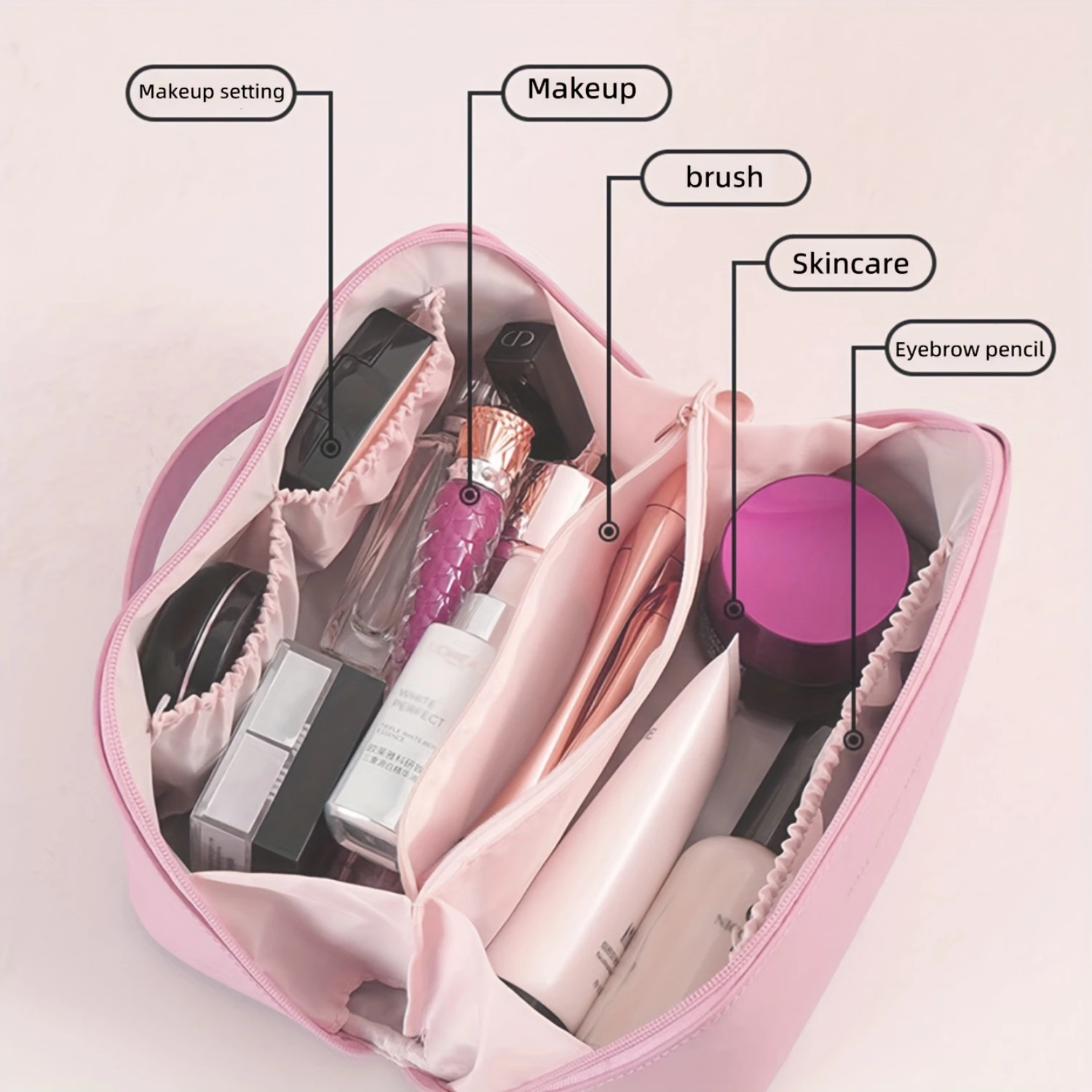 Large Capacity Makeup Bag, Multi-Layered With Dividers, Portable Zippered Pouch, PU Leather, Waterproof, Multifunctional Travel 