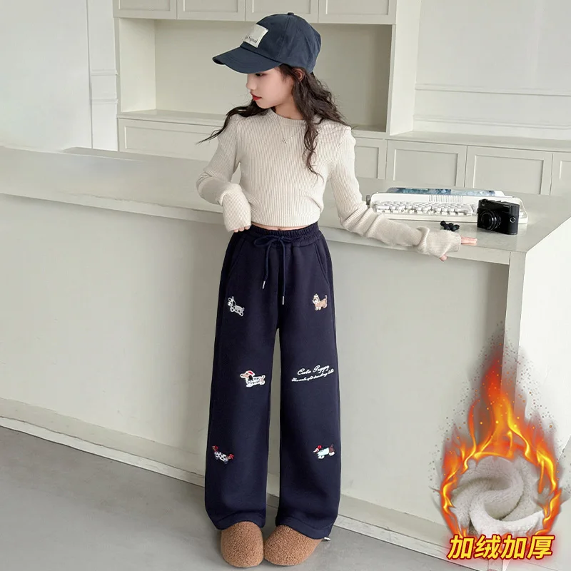 winter teen girl Thick lamb wool wide leg pants cartoon dog junior kid Pantalones plush fabric youth child clothes trousers 4-14