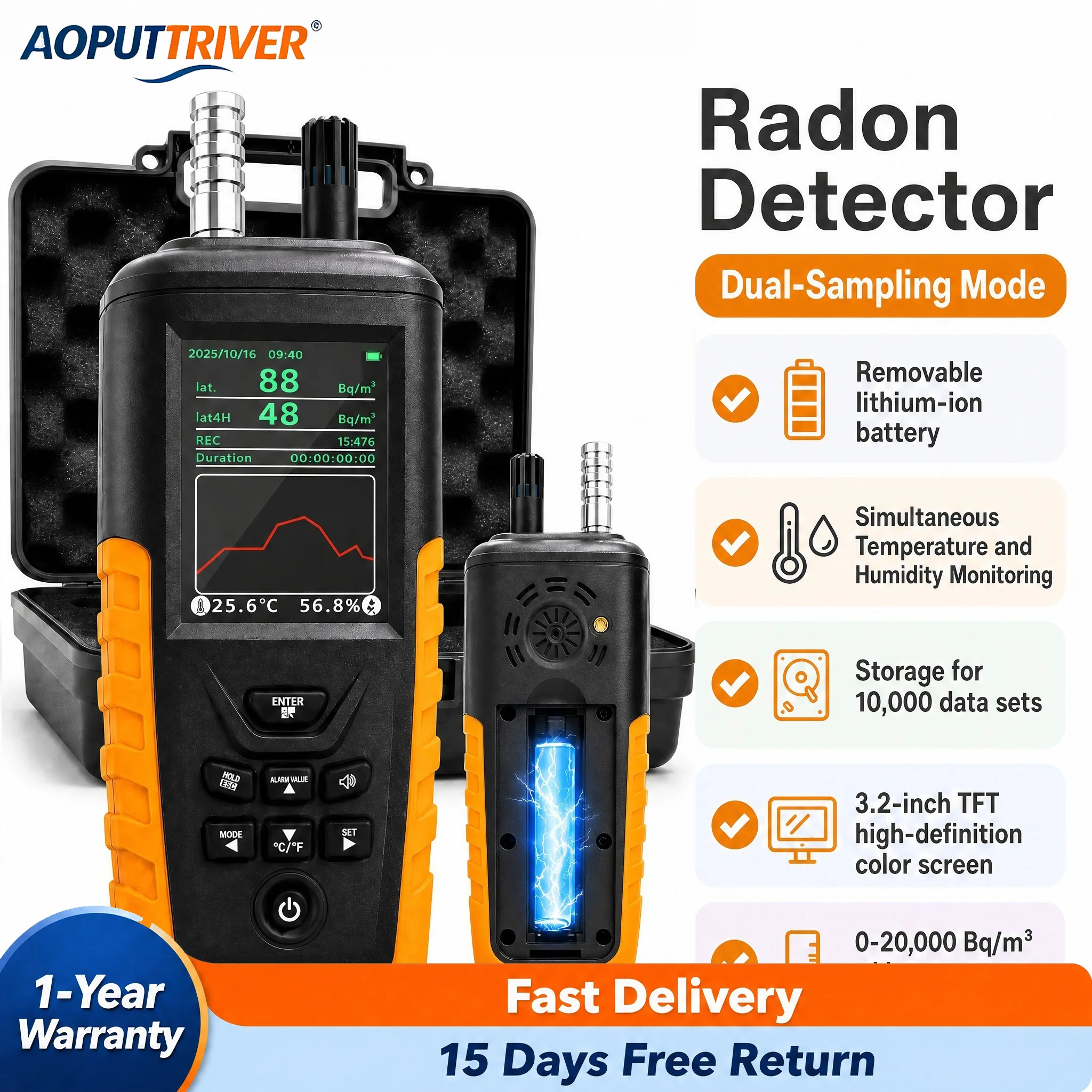 Radon Gas Detector HZ-8101-BQ Portable Radon Monitor Air Pump Diffusion Sampling Temp Humidity Type-C Rechargeable Home Basement