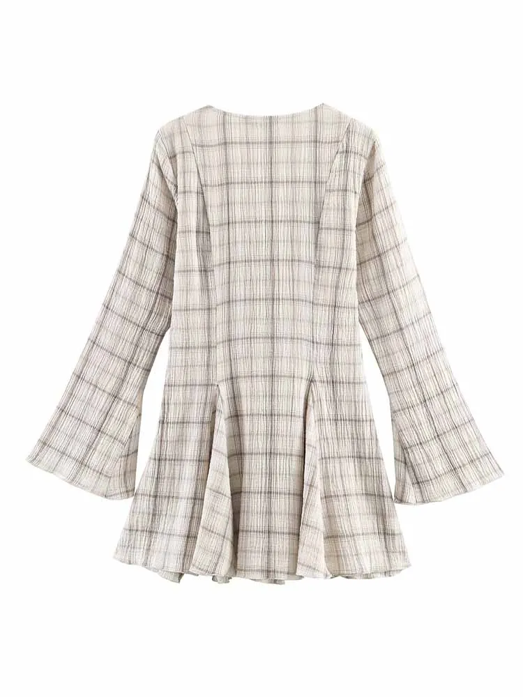 HH New Woman Spring Fashion Versatile Long Sleeves V Collar Plaid Pleated Decoration Short Dress Female Casual Outing Dress