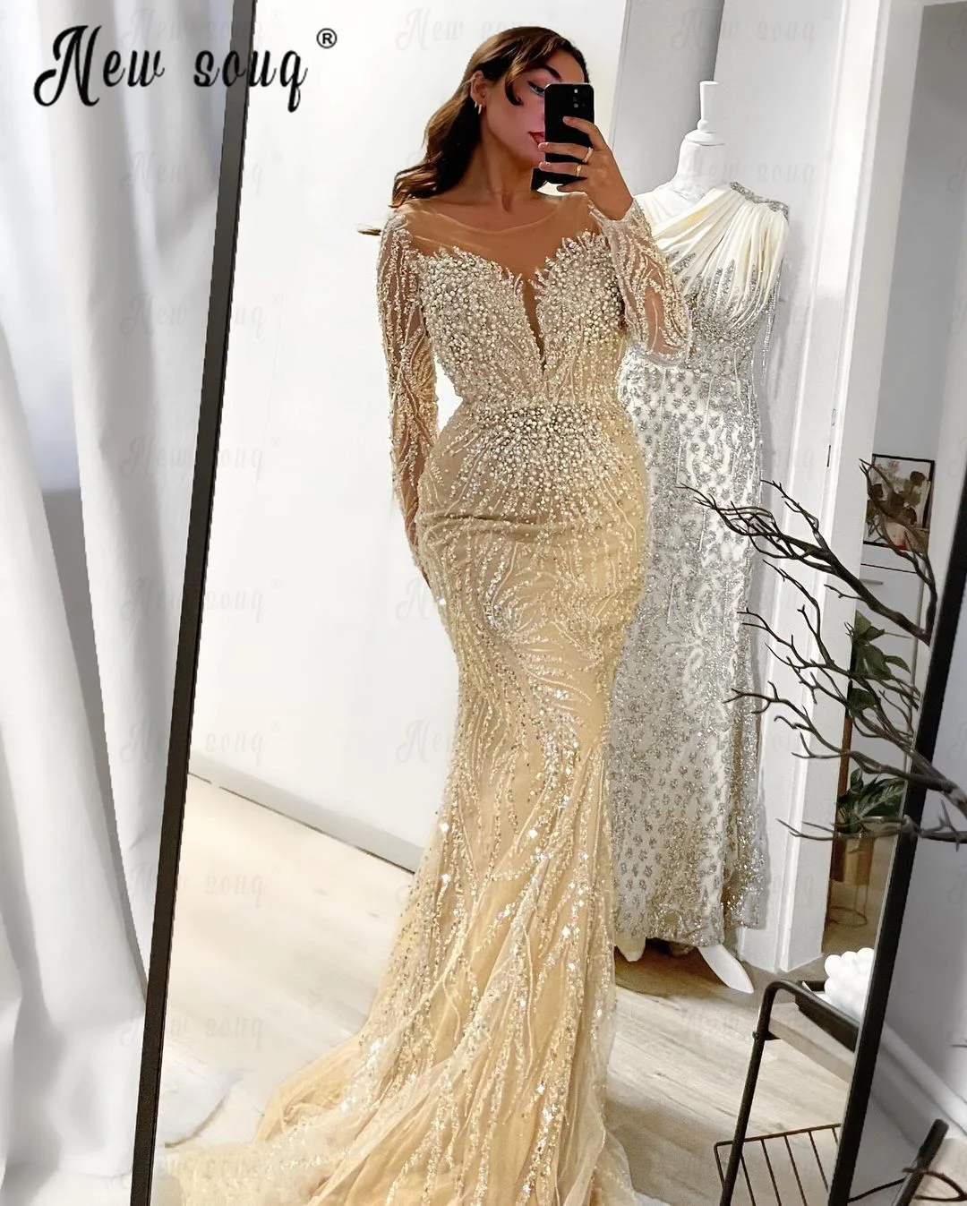 Graziosi abiti da ballo a sirena Beige Dubai Women 2024 Nude Wedding Party Dress perline a maniche lunghe abito per occasioni formali Plus Size