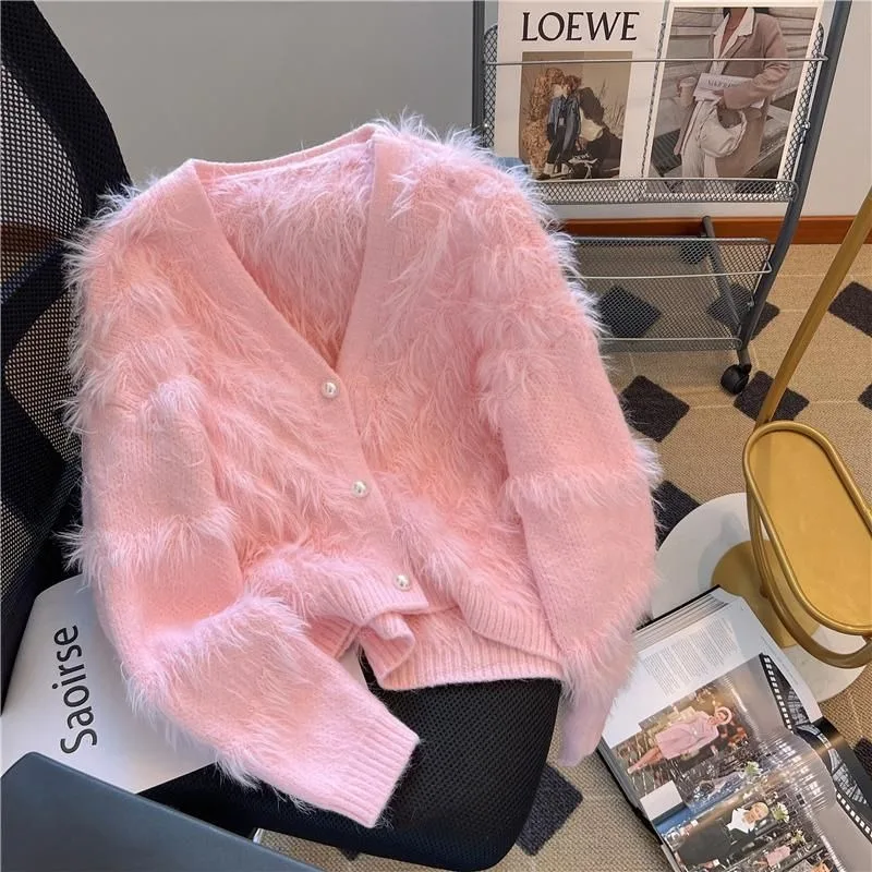 

French Small Fragrance Coat Women Imitation Mink Velvet Early Spring 2024 New Gentle Pink Versatile Foreign Style Wool Cardigan