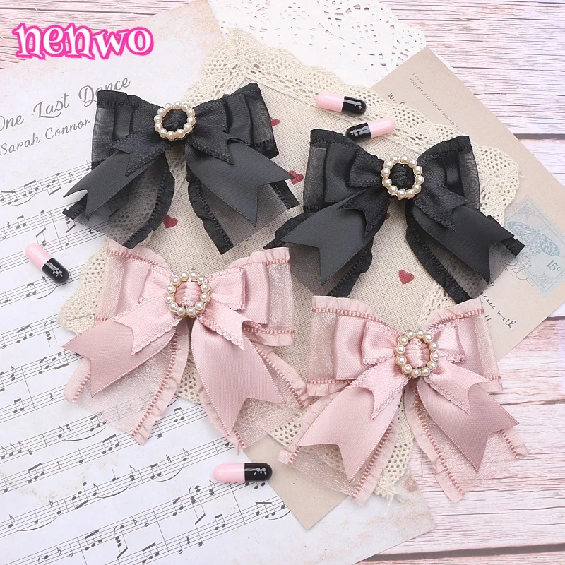

Handmade Jfashion Lolita Romantic Hair Clips Bow 1 Pair Jiraikei Pink Hair Accessories for Women Dark Girl Fashion Black Hairpin