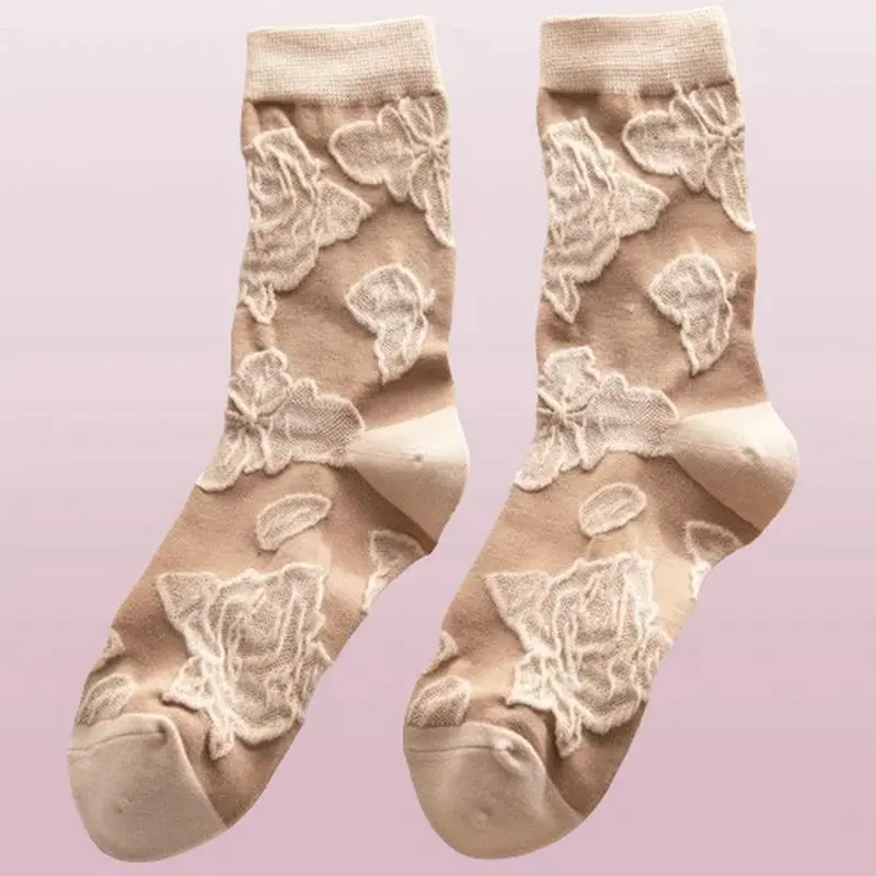 3/6 Pairs Embossed Three-dimensional Pattern Casual Socks 2024 Women's Socks Embroidered Trendy Socks Retro Middle Tube Socks