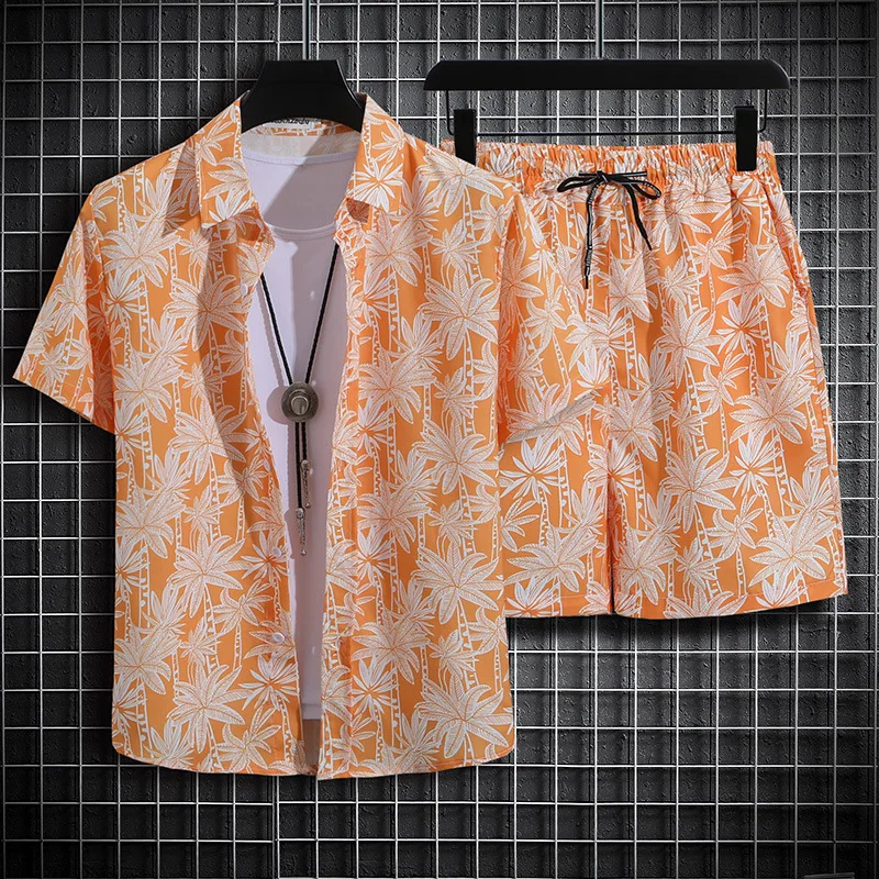 Summer Short Sleeved Shirt Casual Button Up Collar Top Loose Hawaiian Flower Shirt Men's Printed Short Sleeved Shorts