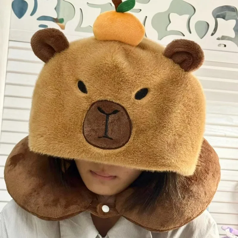 

Capybara Lovely U-shaped Hooded Neck Pillow Cartoon Stuffed Animal Capybara Travel Blackout Pillow With Hat Portable Girl