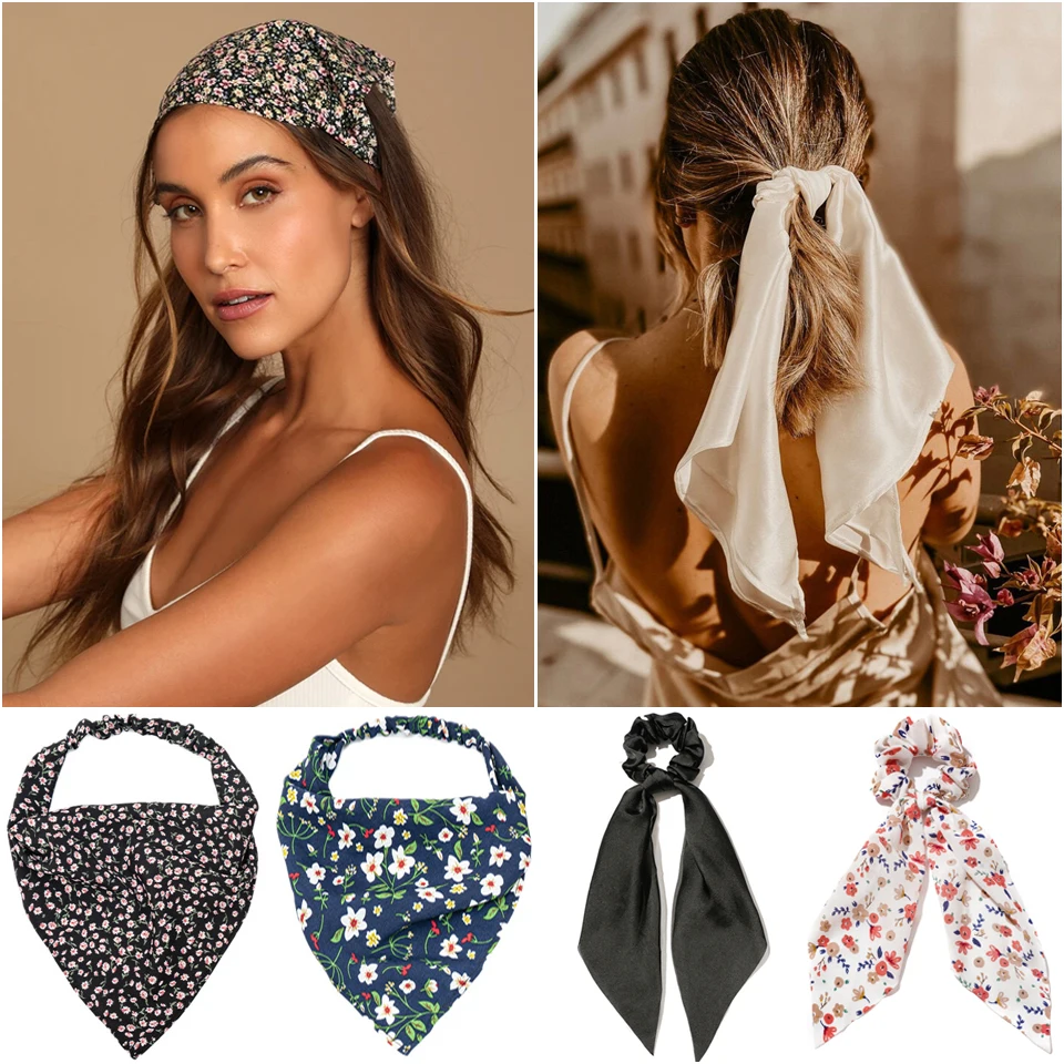 Bandana de gasa con estampado de flores para mujer, pañuelo para el pelo, diadema Vintage, Cinta Larga, Bandana de playa, accesorios para el