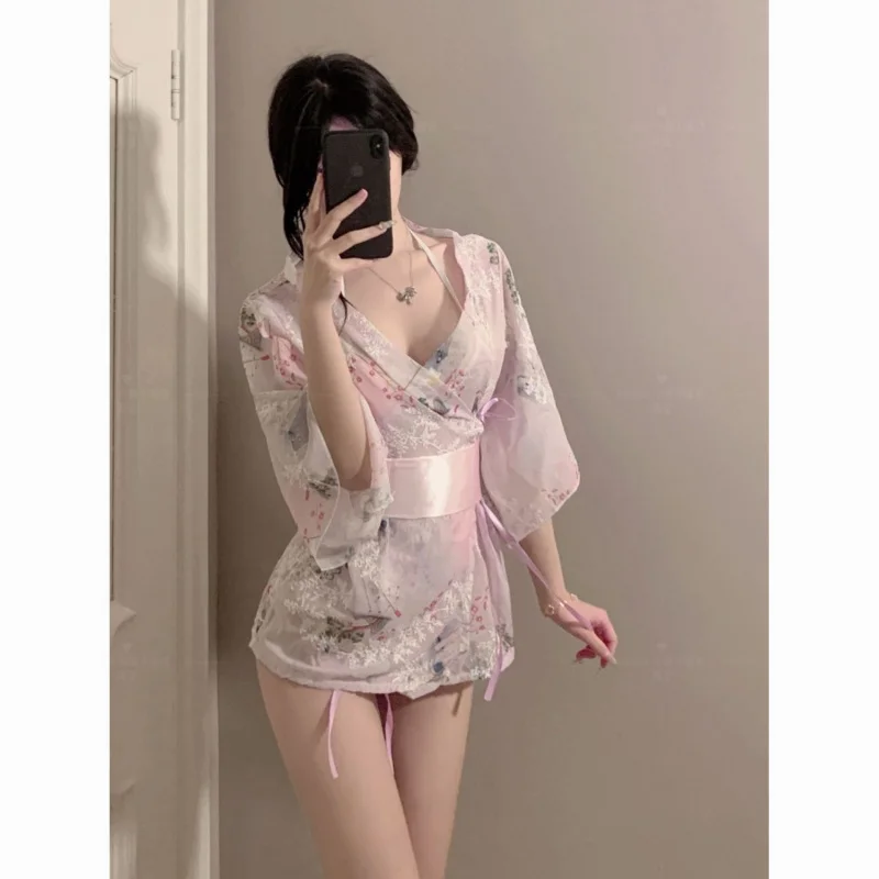 

Japanese Style Sexy DeepVCollared Kimono Dress Waist-Cinching Butterfly Slim Fit Flared Sleeve Uniform Set Sexy Lingerie
