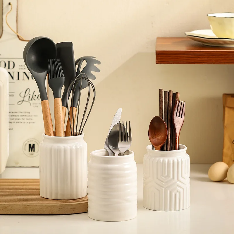 Creative White Striped Ceramic Chopstick Holder Kitchen Spatula and Spoon Storage Container Cutlery Holder Kitchen Utensil