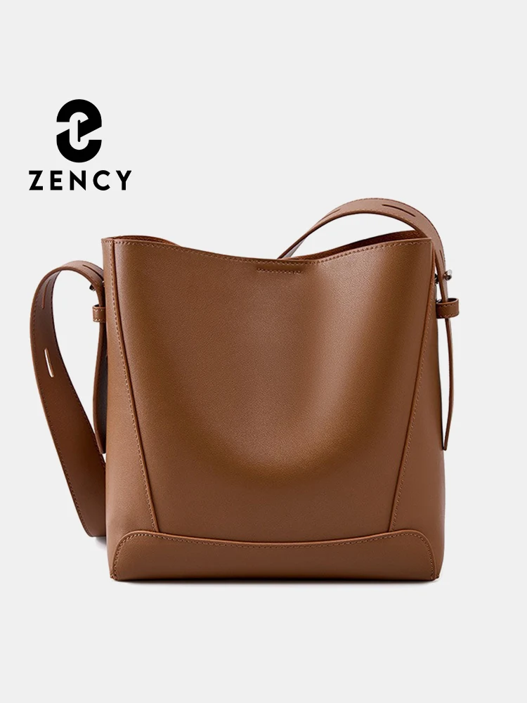 Zency New 2026 TrendyTwo Layer Cow Leather Shopper Shoulder Bag Commuter Large Bucket Handbag Simple High Quality Women Tote Bag