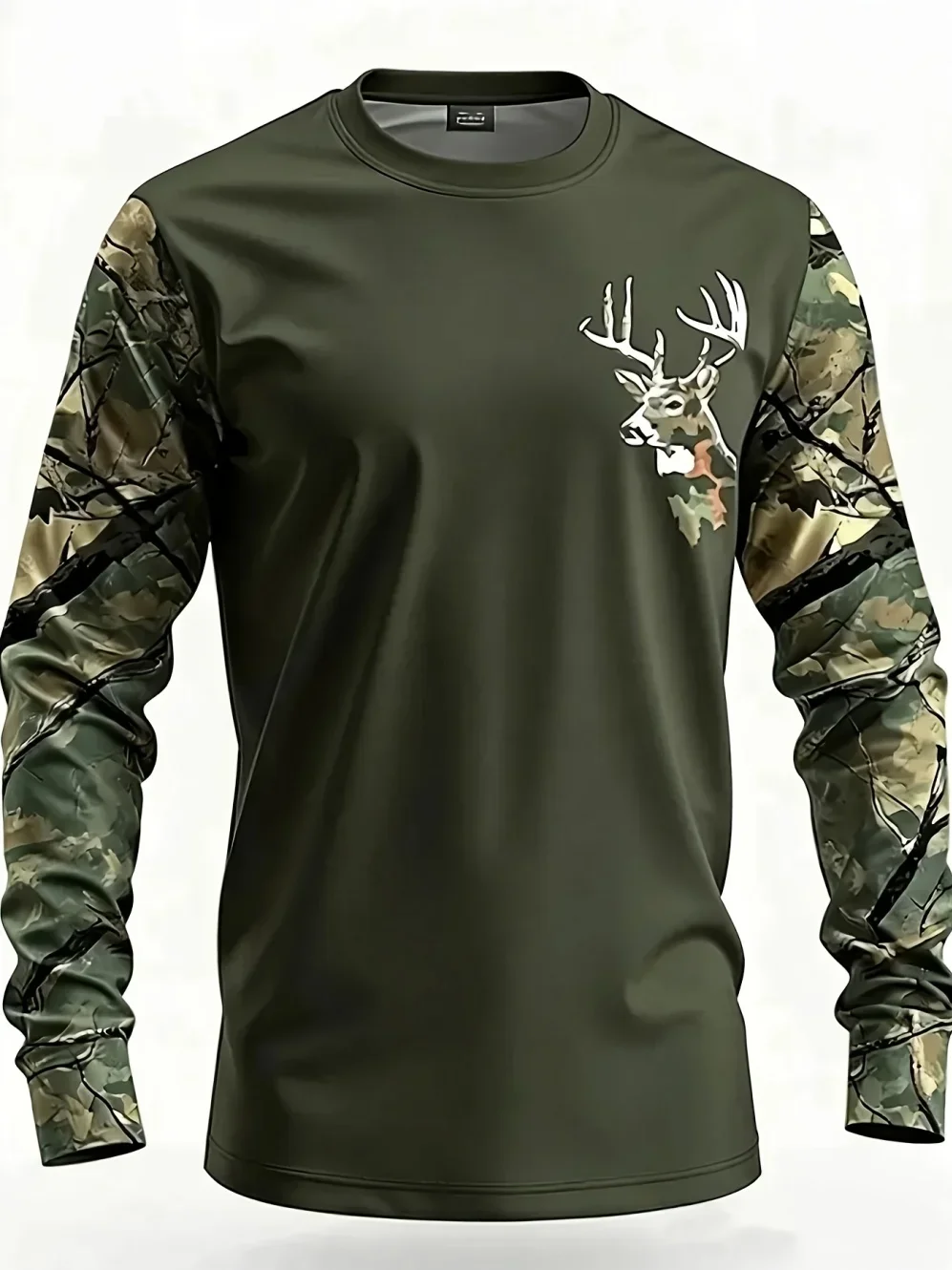 3D Print Men Camo Splice Long Sleeve T-shirt Deer Head Graphic Tops Quick Dry Crewneck Outdoor Hunting Fishing Casual Tees