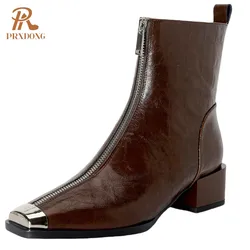 PRXDONG Genuine Leather Shoes 2024 New Fashion Autumn WInter Warm ANkle Boots Black Brown Zipper Dress Party Office Lady SHoes