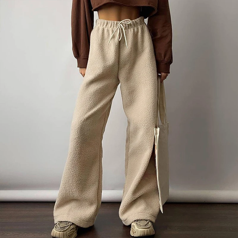 

BKLD Winter Style Warm Women's Harajuku Casual Loose Fit Lamb Wool Solid Drawstring Elastic Waist Lacing Wide Leg Straight Pants