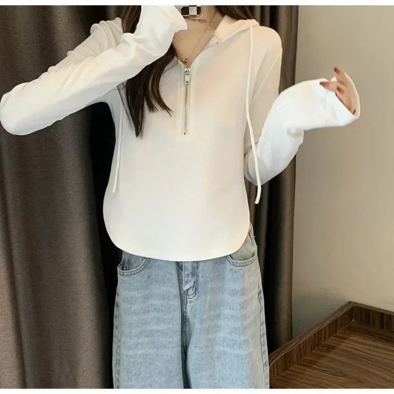 

Spring Korean Streetwear Zip Up T Shirts Women Vintage Sexy Solid Hooded Cardigan Long Sleeve Y2k Tops Tracksuit Clothes 후드티