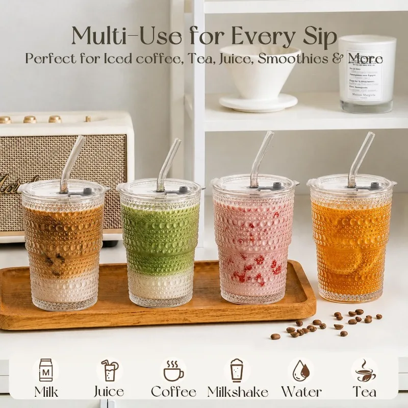4PCS Glass Tumbler Cup with Lid and Straw, Embossed Clear Drinking Glass for Iced Coffee Latte Matcha Juice Tea Drinkware Set