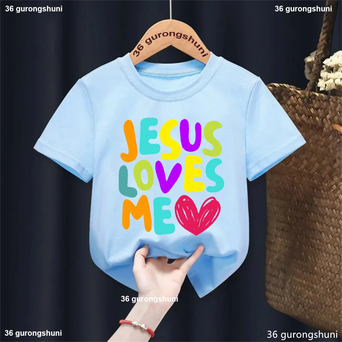 Colorful Rainbow Jesus Loves Me Heart Printed Tshirt Boys/Girls Kawaii Children'S Clothing Summer Short Sleeve Black T-Shirt