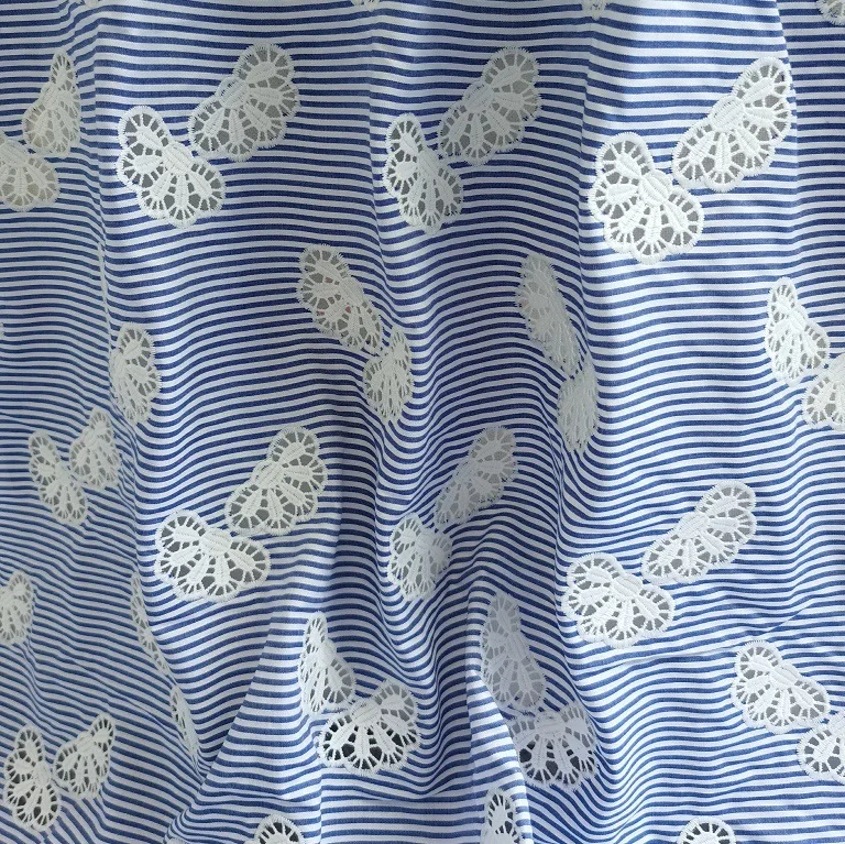 New 100% cotton blue yarn-dyed fabric with laser-cut embroidered butterfly lace embroidery for clothing home decor DIY sewing view 4