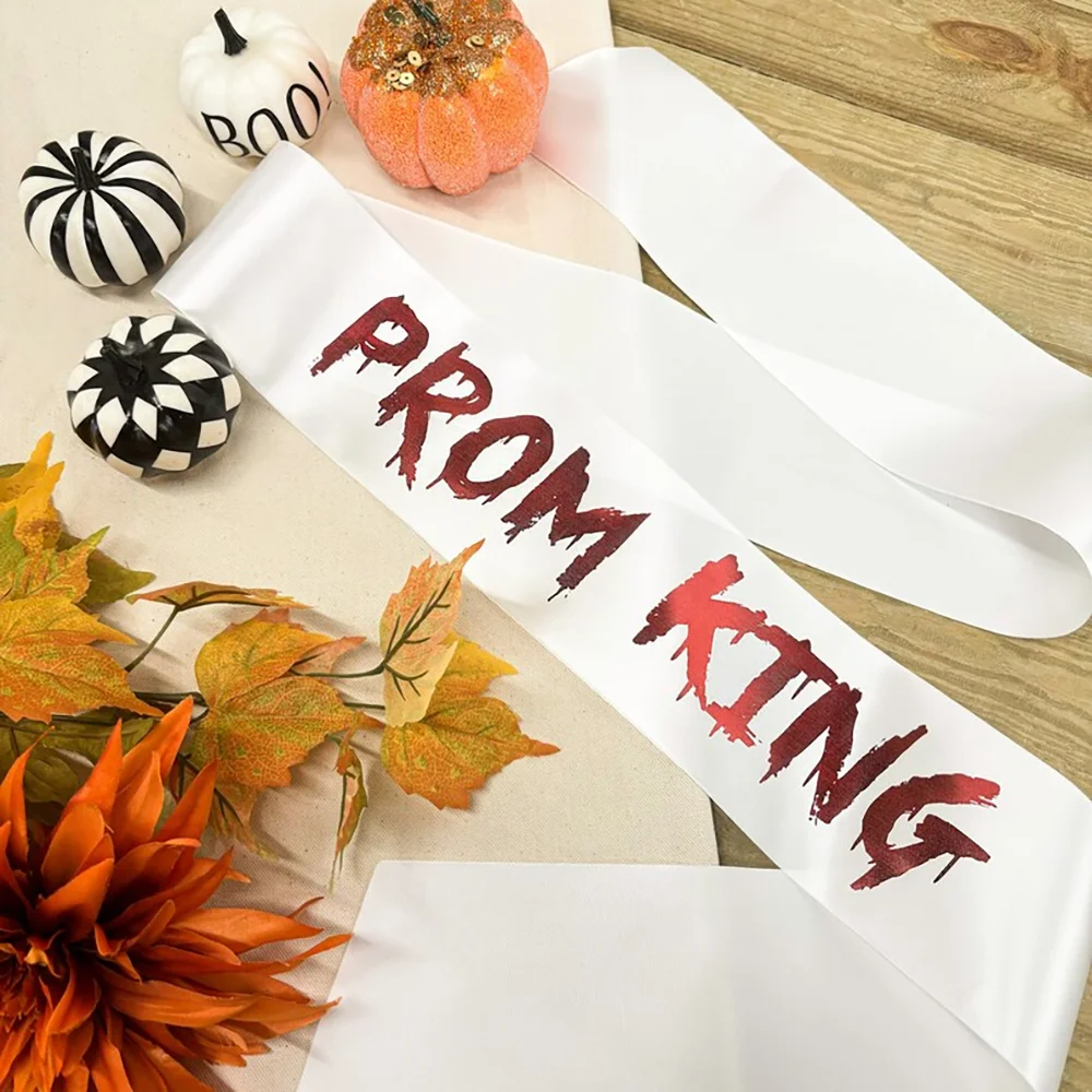 

PROM KING Halloween Fancy Dress Sash Zombie Prom Costume Accessory Satin Ribbon Spooky Season Decoration Fall Holiday Party Gift