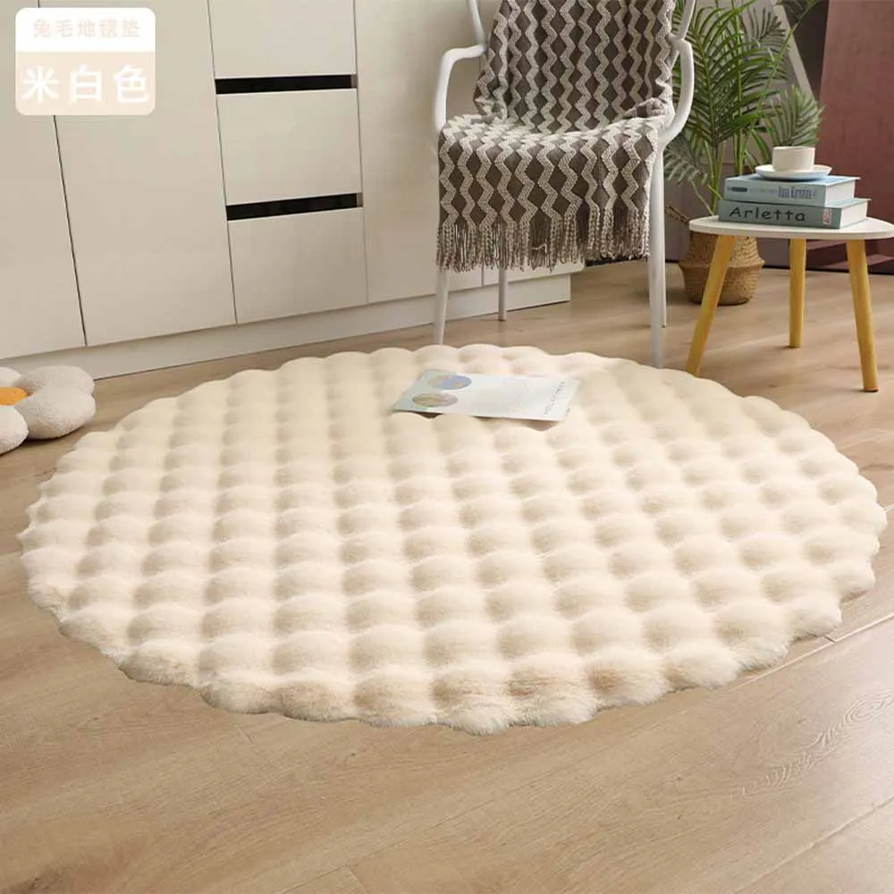 Round Shaggy Floor Carpet For Living Room, Bubble Fleece Anti Slip Bedroom Sofa Chair Mat, Solid Soft Long Fluffy Area Rug 100cm