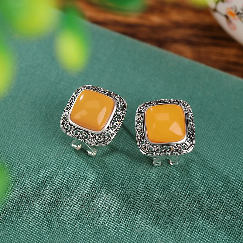 S925 Sterling Amber Lucky Ruyi Hollow Pattern Square Earrings Ear Clips Silver Jewelry