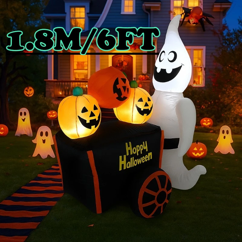 

6FT Halloween Holiday Lighting Ghost Push Pumpkin Cart with LED Lights Decoration Outdoor Holiday Halloween Inflatable Model