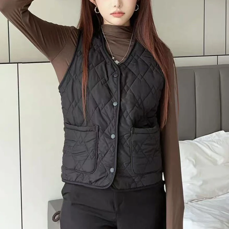 سترة نسائية مبطنة بنمط الماس بدون أكمام سترة واحدة الصدر للخريف والشتاء سترة طبقات عصرية يومية Trafizaran #3