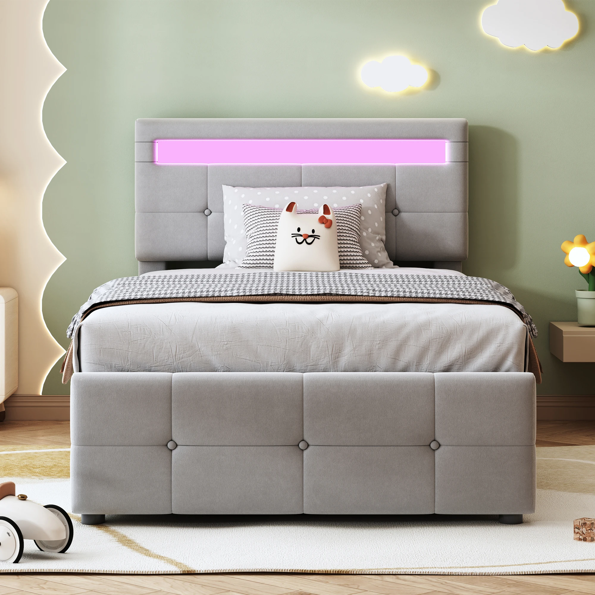 KOMHTOM Kinderbett Einzel 90x200 cm aus Samtstoff mit LED Beleuchtung hydraulischem Stauraum und höhenverstellbarem Kopfteil