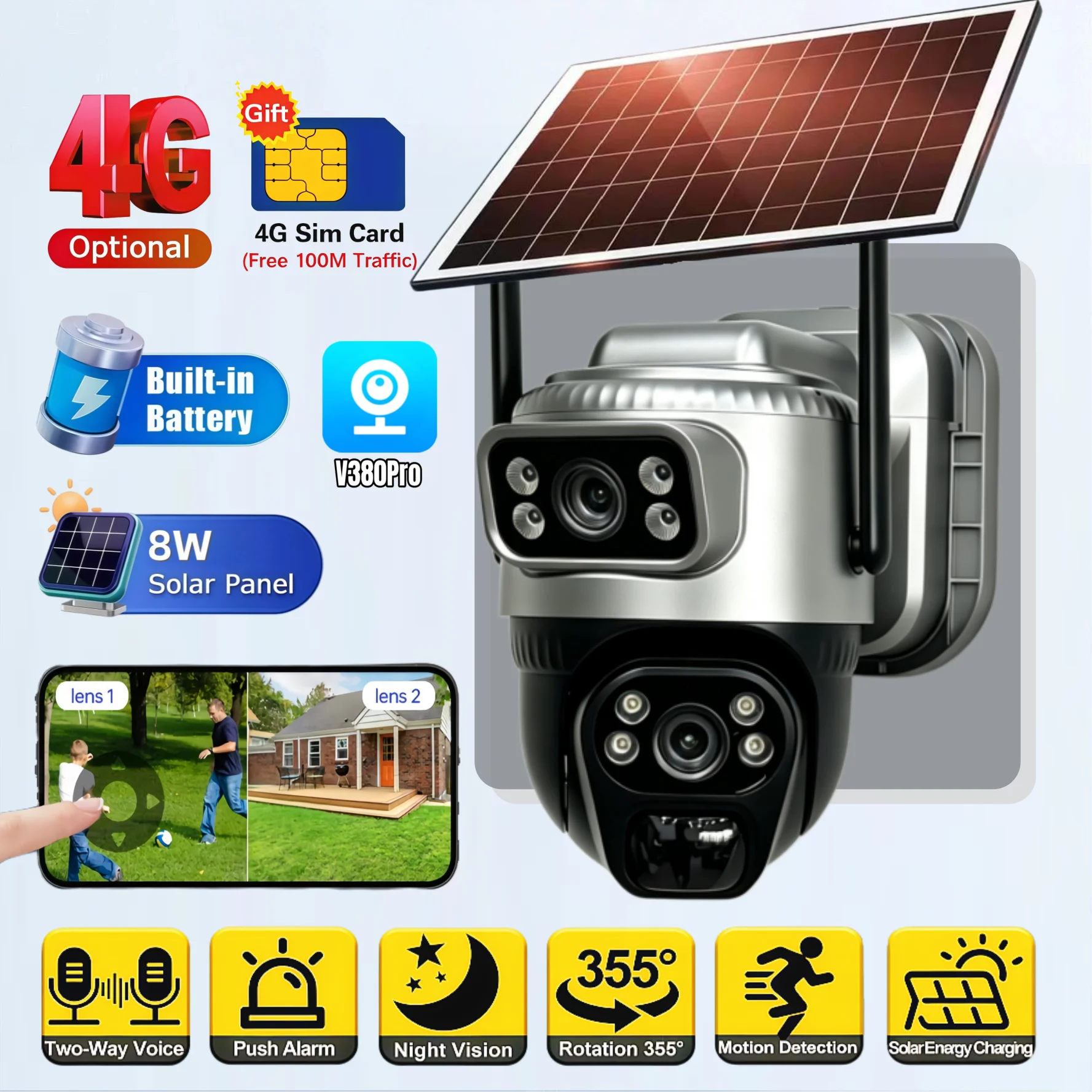 Caméra IP solaire double objectif double écran HD 8MP, étanche IP66 pour extérieur, vision nocturne, audio bidirectionnel, suivi mobile, caméra IP 4G V380 Pro, lecture vidéo, rotation, alimentation par batterie rechargeable, caméra de surveillance 4G