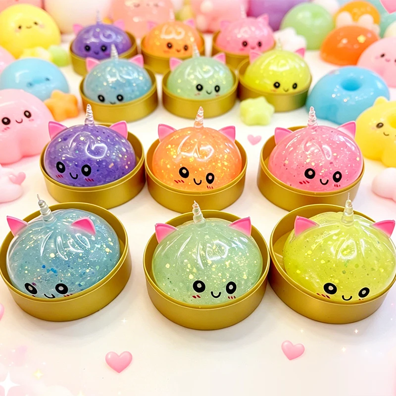 Cute Unicorn Glitter Bun Squishy Squeeze Toy Portable Finger Stress‑relief Vent Toy Desktop Decoration Ornament Party Favor Gift