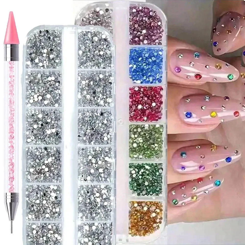 

2 коробки страз с плоской задней поверхностью и двусторонними инструментами для нанесения точек, красочные хрустальные алмазные драгоценные камни для маникюра, рукоделия, украшения ногтей