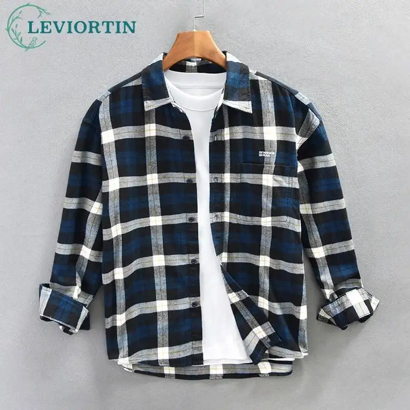 Spring and Autumn Men's Maple Leaf Pattern Design Fashionable and Versatile Long Sleeve Street Wear Harajuku Checkered Shirt