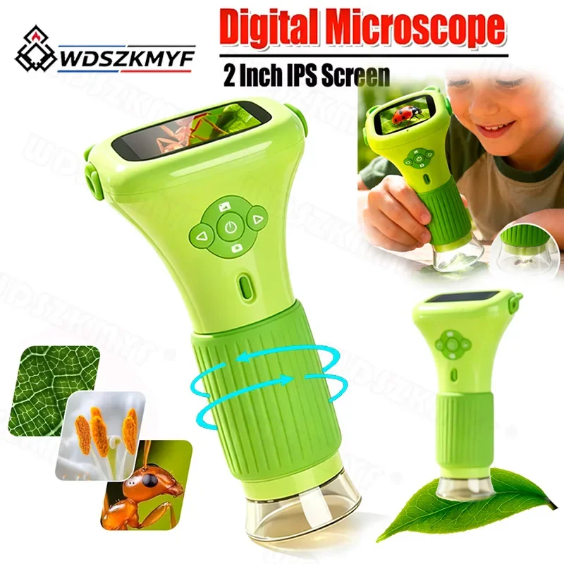 Kids Microscope 2 Inch IPS Screen 1000X Handheld Desktop Digital Microscope with LED Light for Education Kids Digital Microscope